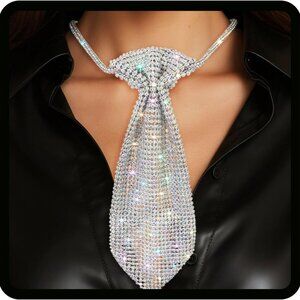 Rhinestone Tie Necklace Adjustable Silver Party Prom Women Girls